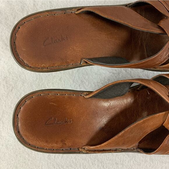 Clarks Womens Artisian Leather Sandal‎ Sz 10 B Brown Slip on Wedge - Picture 6 of 9